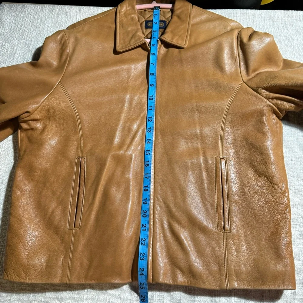 Coach Genuine Leather Jacket Tan Brown Quilted Lined Zip Front Size L